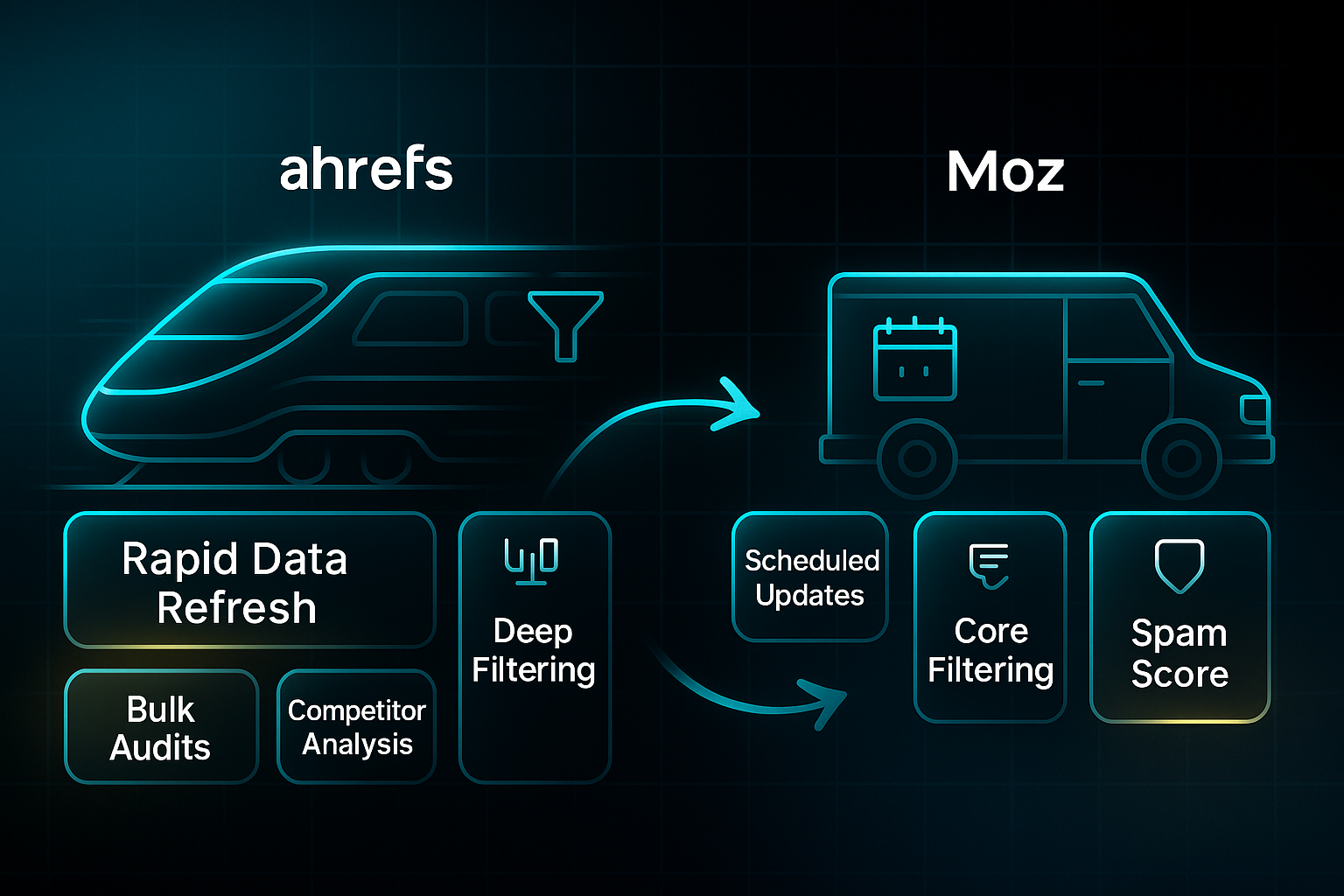 Infographic comparing a futuristic high-speed train and a modern delivery van, each with labeled glassy carriages and glowing highlights.