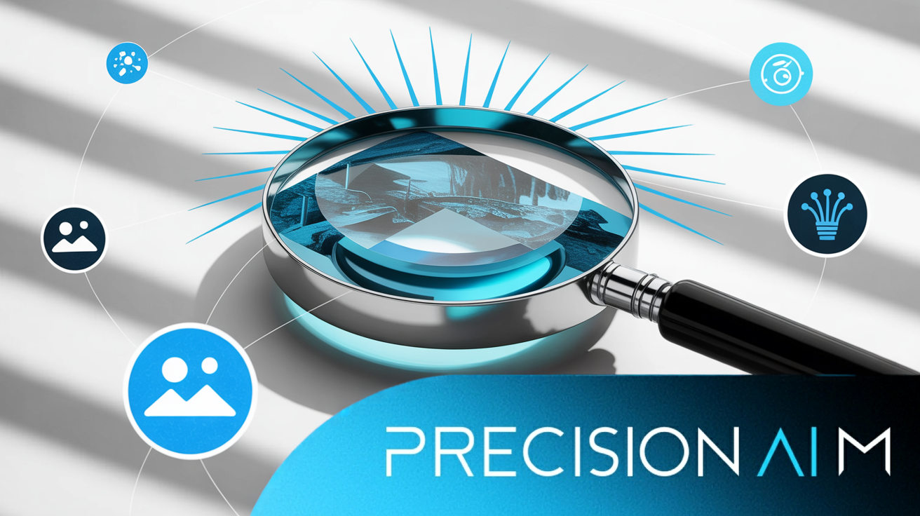 Magnifying glass highlighting a sharp section of a blurred photo, with blue radiant lines and floating image icons.