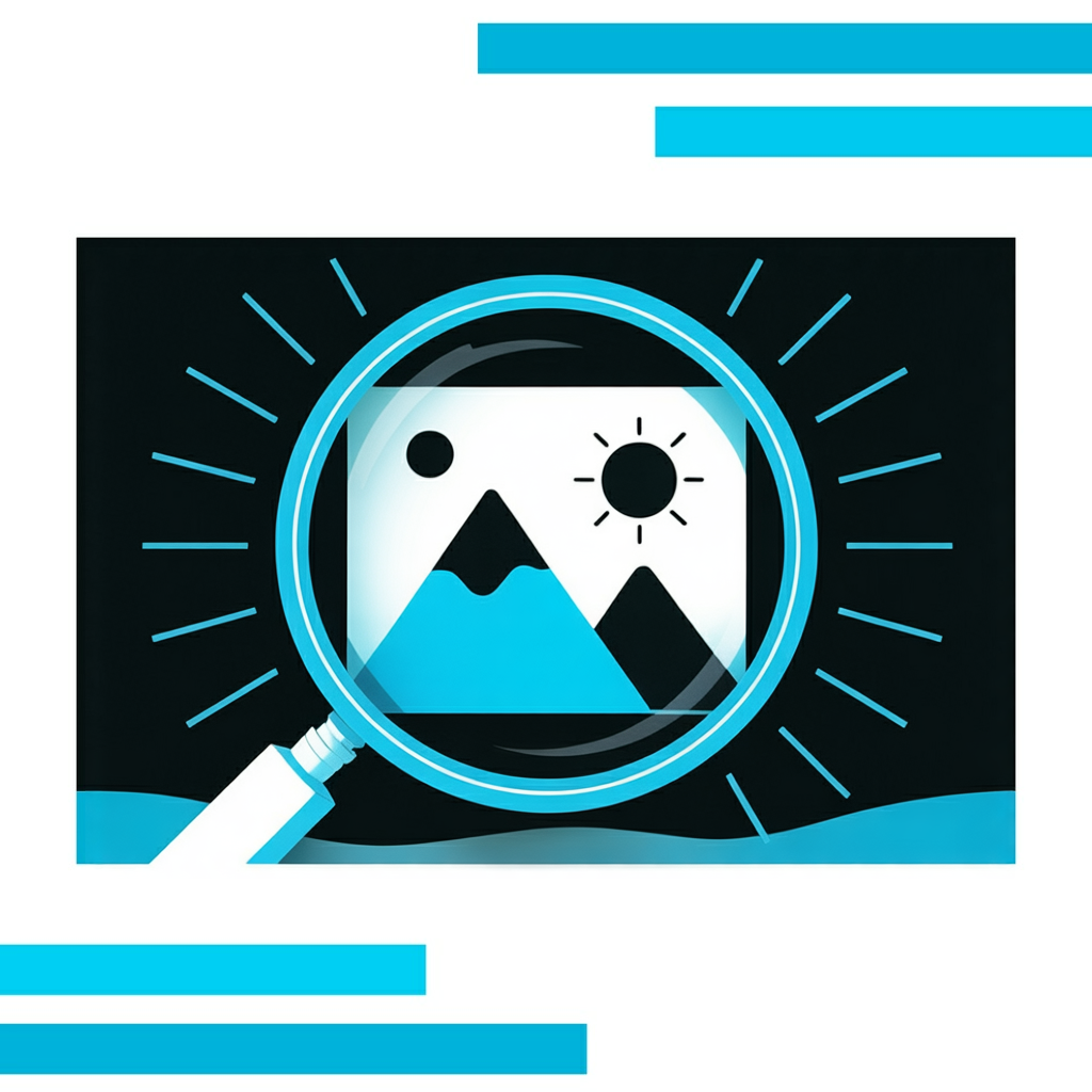 Magnifying glass with blue rim highlighting details in a stylized thumbnail of mountain, sun, and document icons.