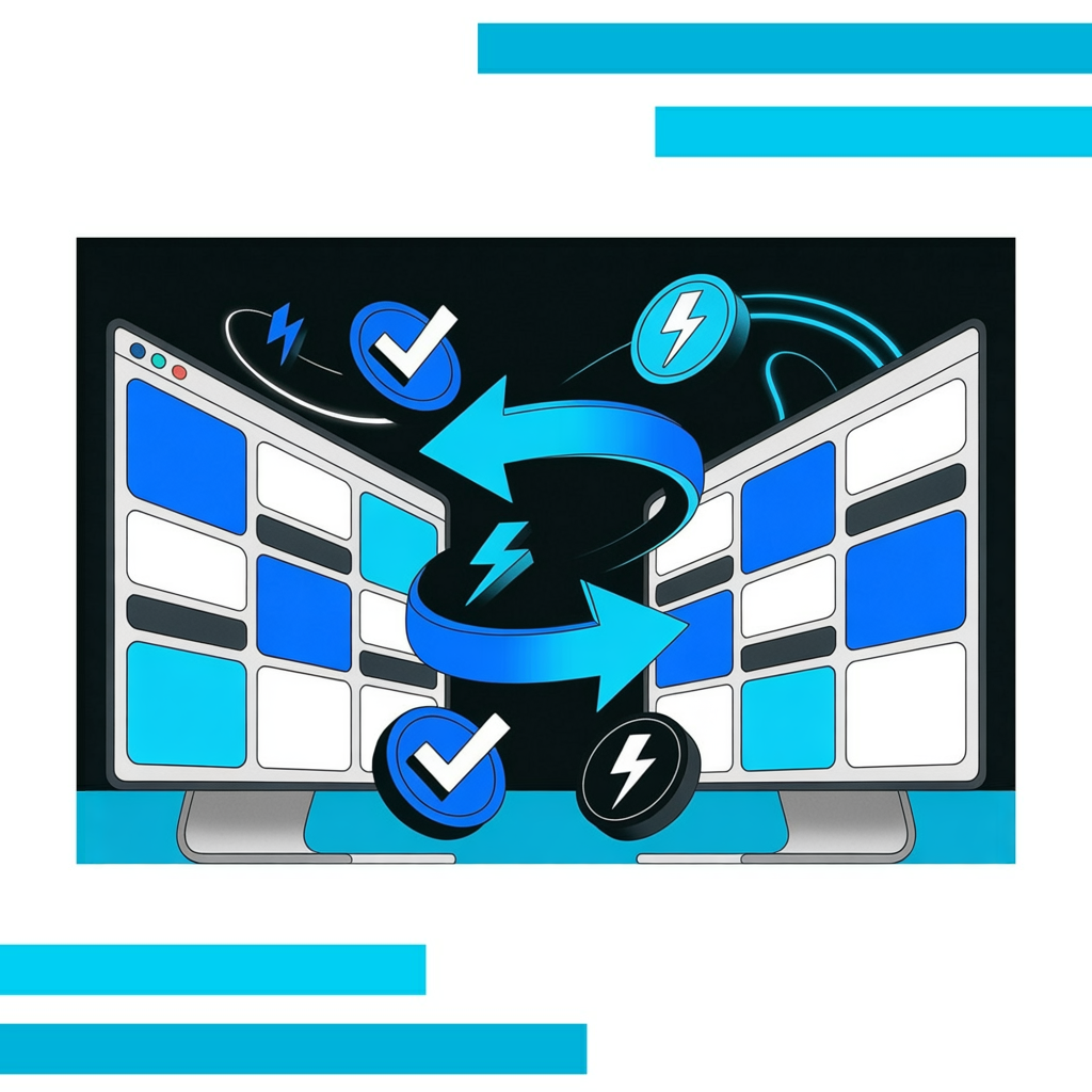 Two angled computer screens with bold blue and white rectangles, curved arrows, checkmarks, and lightning icons on a white background.