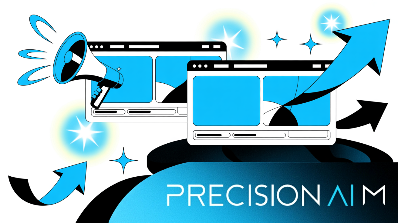 Two overlapping browser windows with vibrant blue borders, each showing stylized ad banners and energetic arrow icons.