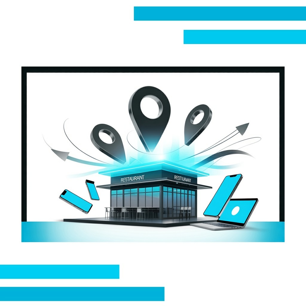 Modern restaurant with large glass windows, glowing turquoise accents, and map pins above, surrounded by digital device icons and dynamic lines