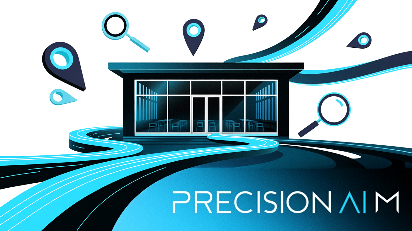 Modern restaurant with large glass windows, blue neon lights, swirling paths, and floating map pins and magnifying glasses.