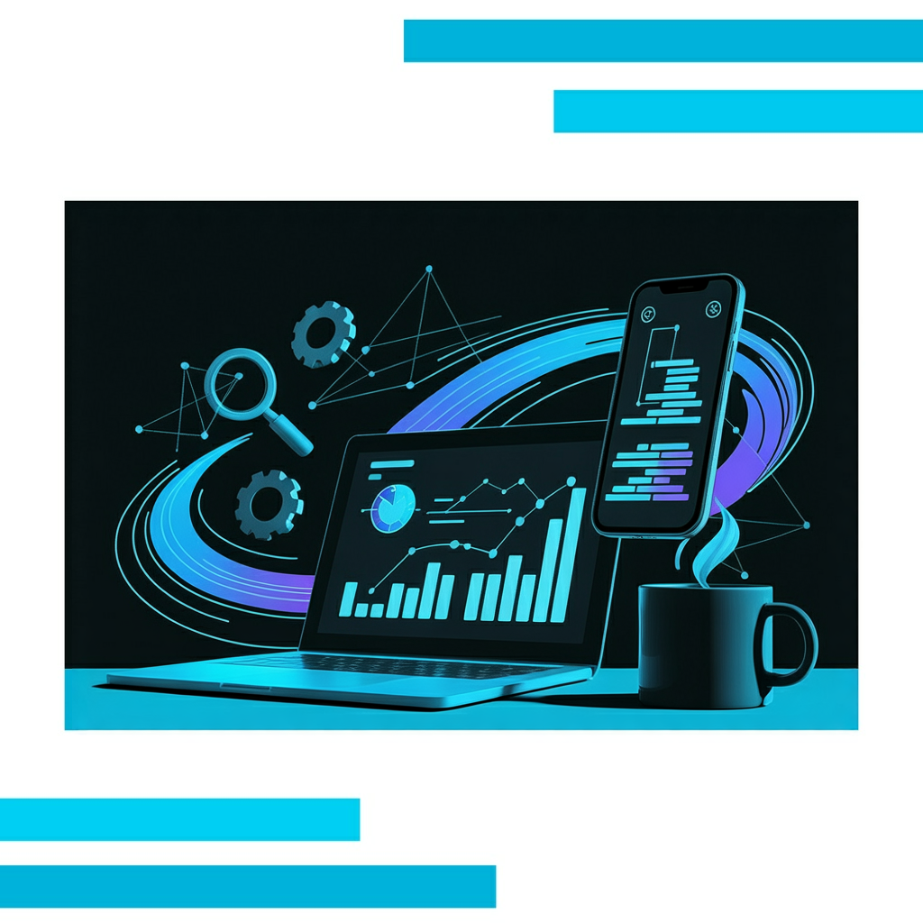 Laptop showing glowing analytics graphs, smartphone with blue bars, and coffee mug on white desk with abstract tech icons in background