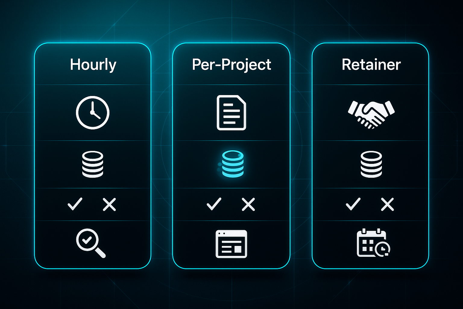 Futuristic infographic comparing hourly, per-project, and retainer SEO consulting pricing models with icons and glowing accents