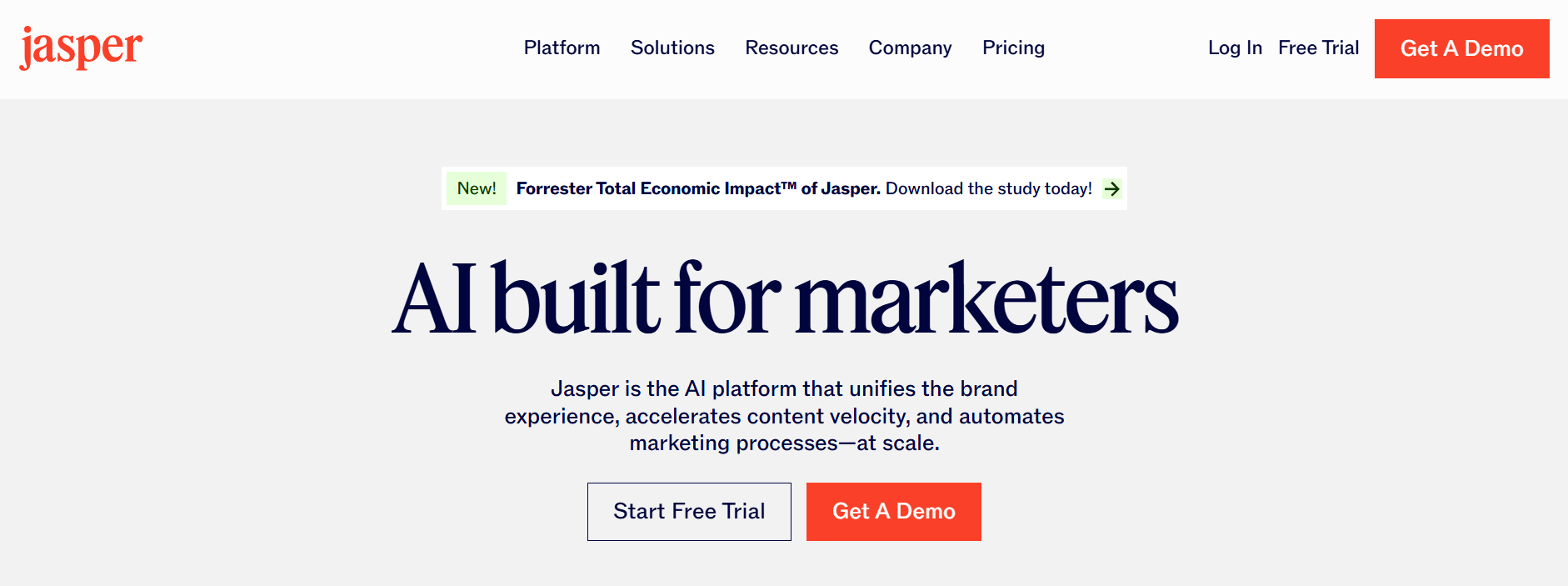 Jasper.ai homepage hero section for AI content generation software for marketers