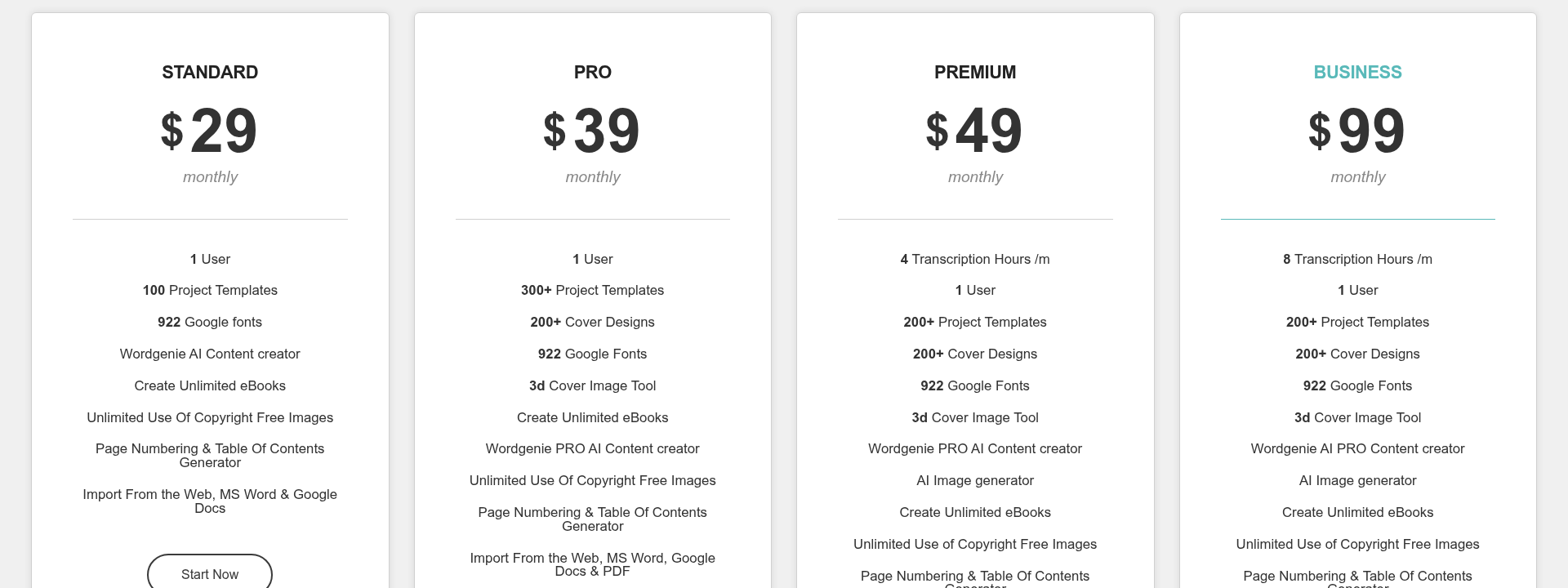 Designrr pricing page displaying subscription plans and features