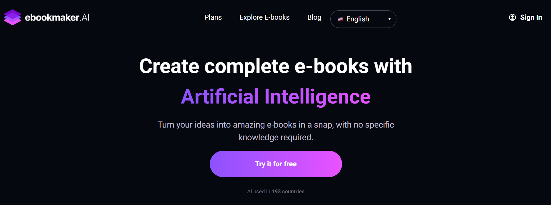 EbookMaker.ai homepage hero section showing AI ebook creation platform