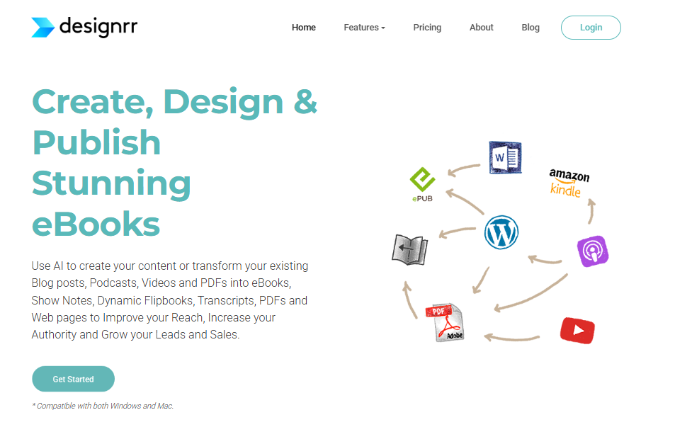 Designrr home page hero showing software for creating, designing, and publishing eBooks from various content sources