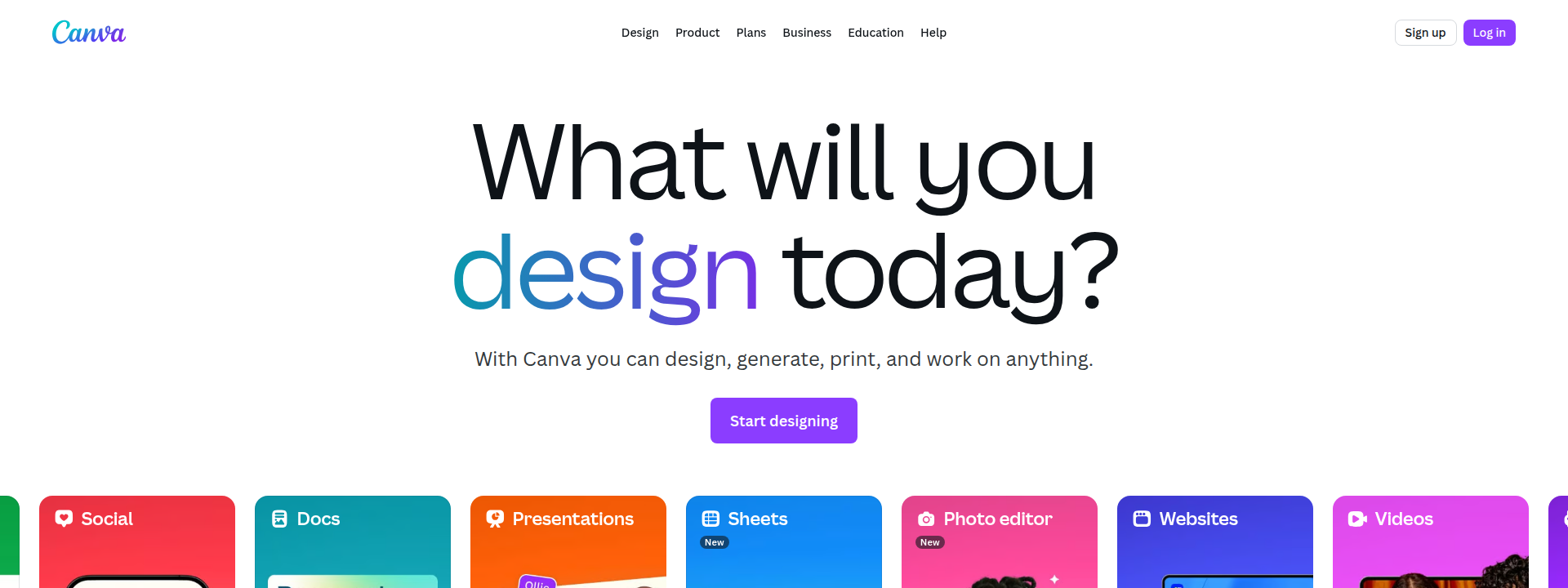 Canva homepage displaying main banner and navigation options