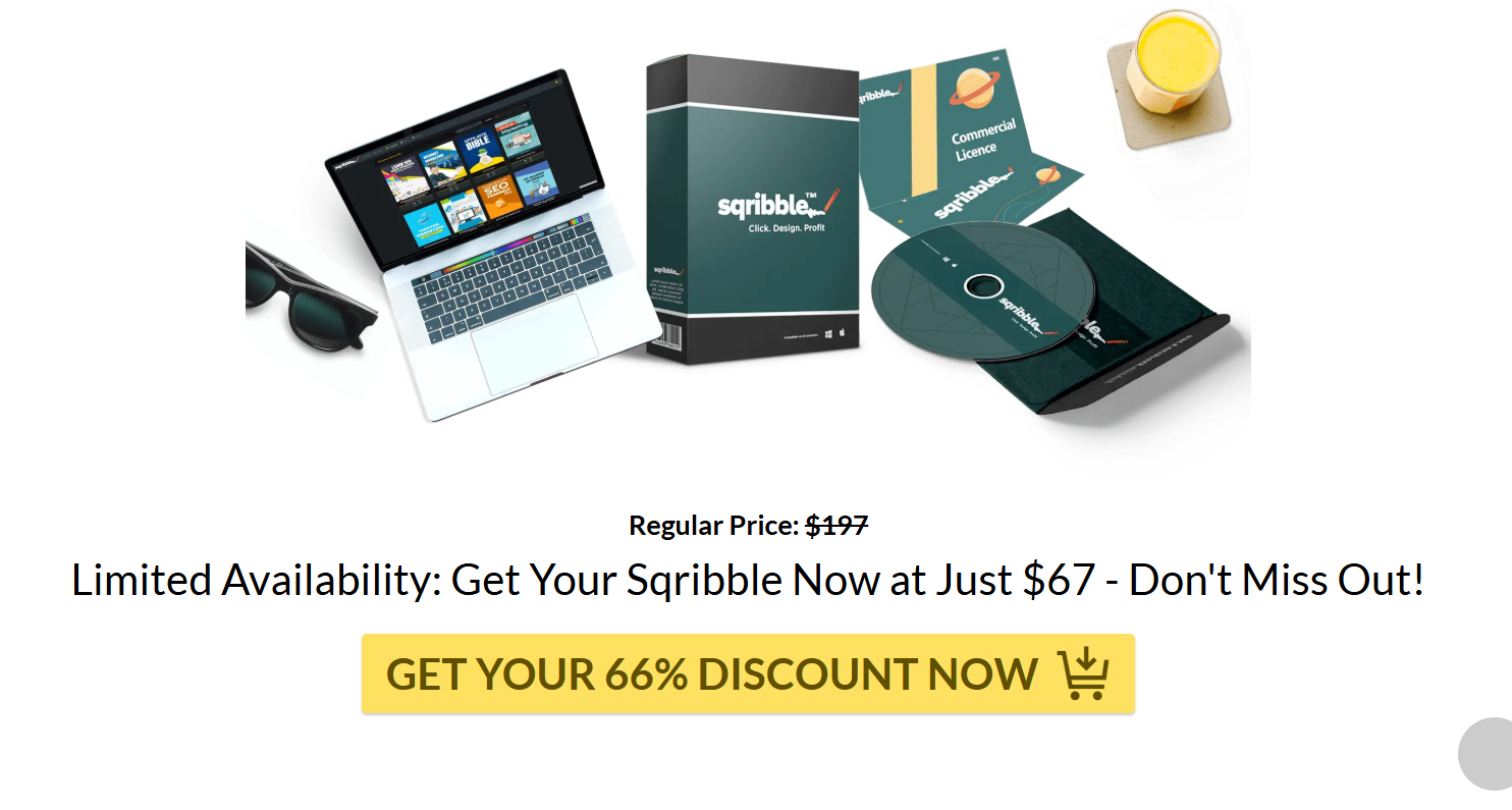 Screenshot of Sqribble pricing page showing a one-time fee with a 66% discount from $197, dated September 17, 2025