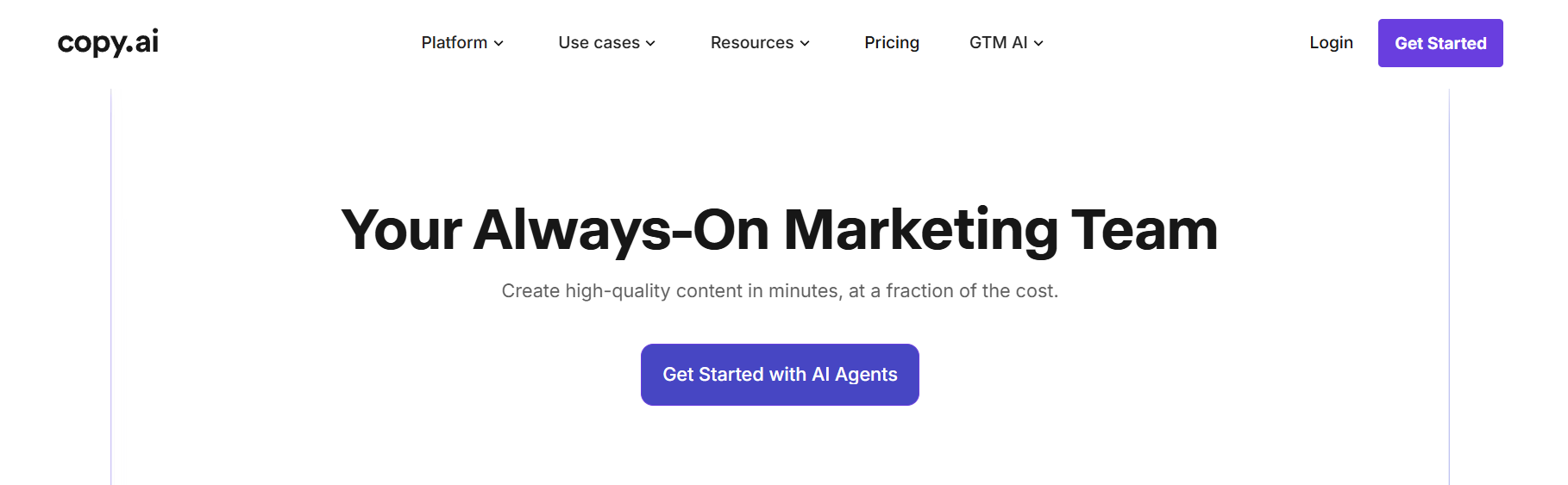 Copy.ai homepage hero showing AI-powered content creation in minutes
