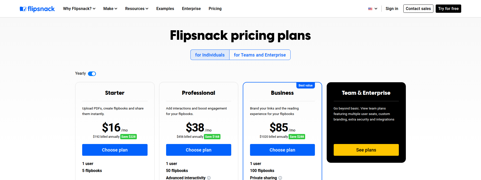 Flipsnack pricing page displaying subscription plans and costs