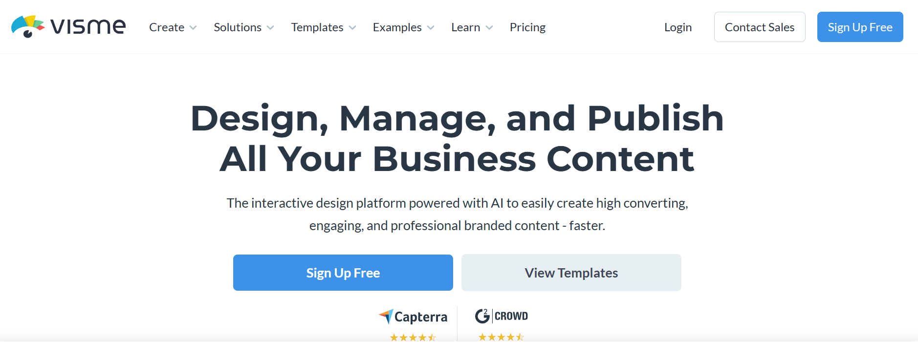 Visme homepage hero showing its interactive AI-powered design platform for business content management and publishing