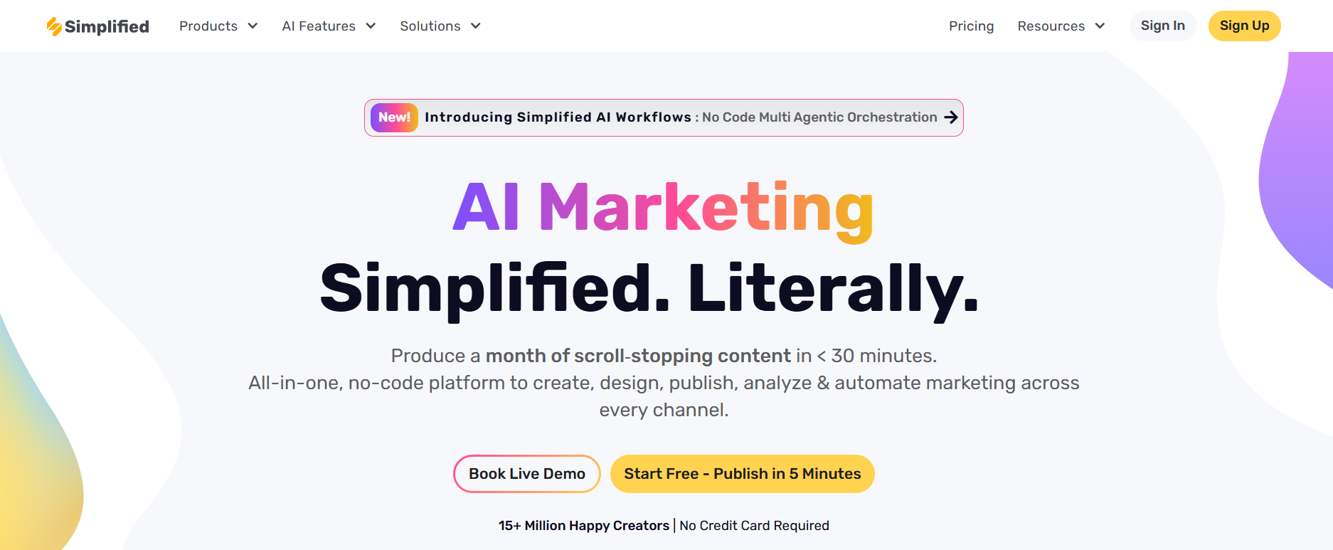 Simplified software homepage hero showing AI-powered marketing platform across all channels