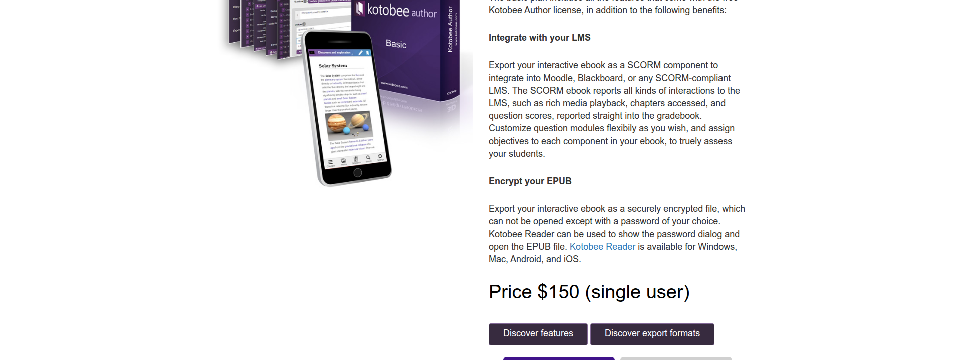 Kotobee Author pricing page displaying subscription options and costs