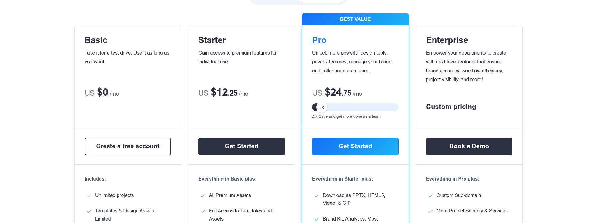 Visme pricing page displaying different subscription plans and their monthly costs