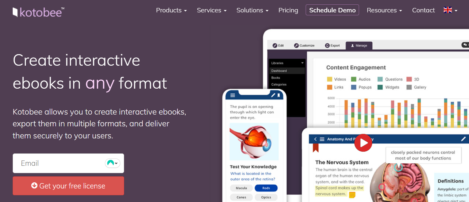 Kotobee homepage hero showing software for creating interactive e-books in any format using AI