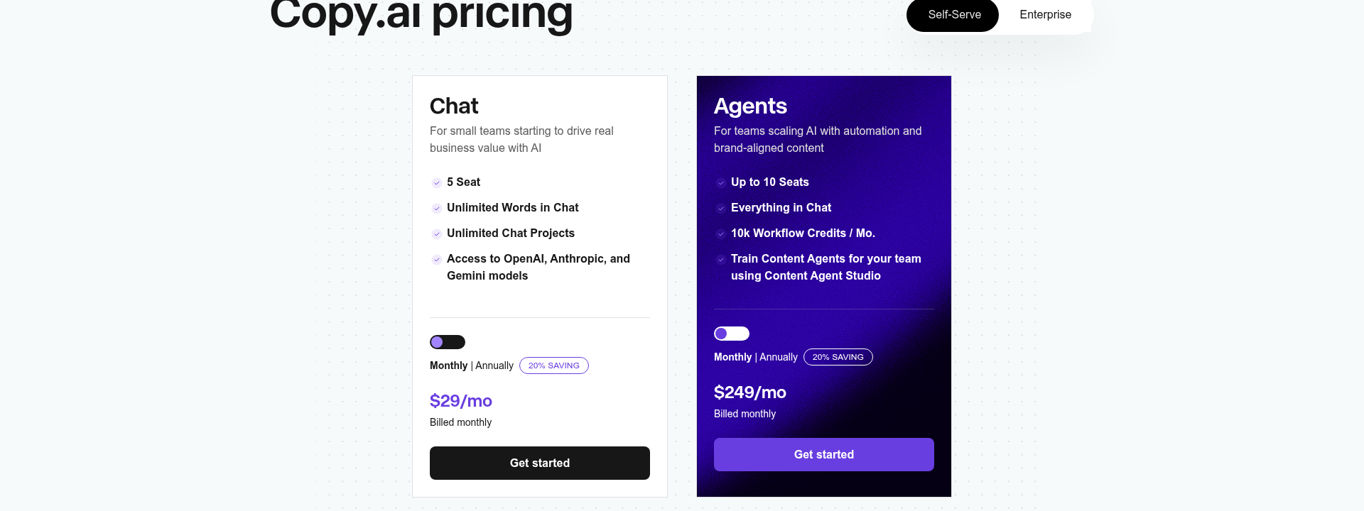 Copy.ai pricing page displaying subscription plans and features