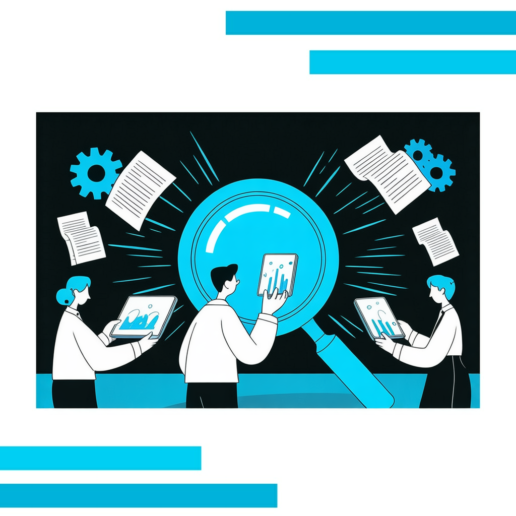 Three stylized professionals with glowing tablets analyzing graphs around a large blue magnifying glass, gears and documents in background
