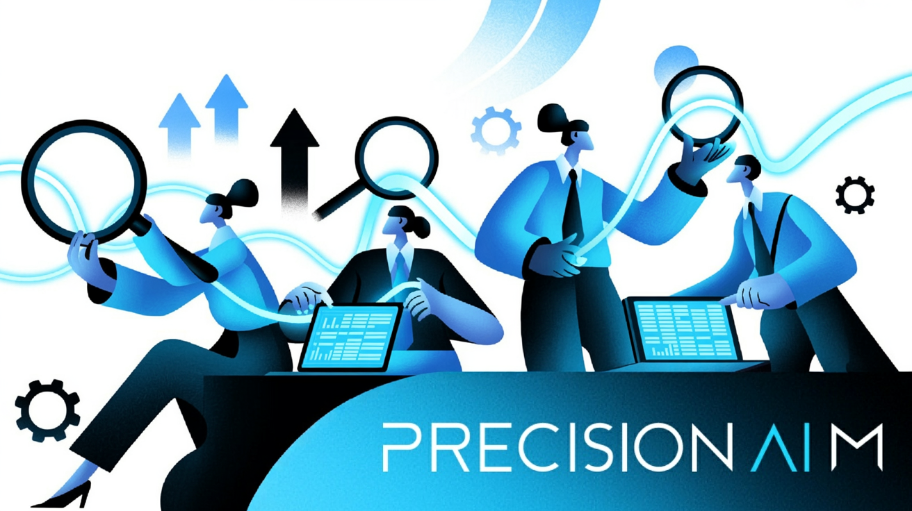 Four professionals at modern workstations exchanging data via glowing blue lines, surrounded by magnifying glasses, arrows, and gears.