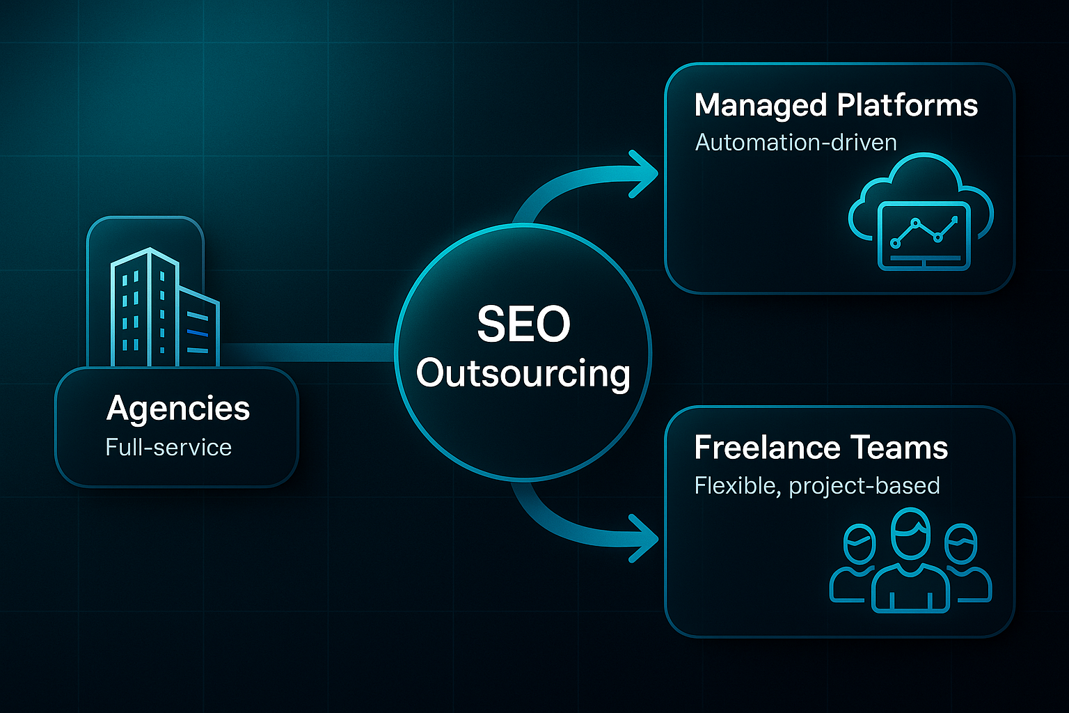 Infographic showing a central glassmorphic hub labeled 'SEO Outsourcing' with arrows to three options: Agencies, Managed Platforms, Freelance Teams