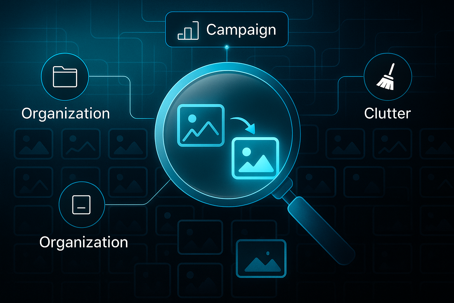 Infographic showing a magnifying glass over a digital photo library, highlighting duplicate images, with labeled nodes for Organization, Campaign, and Clutter.