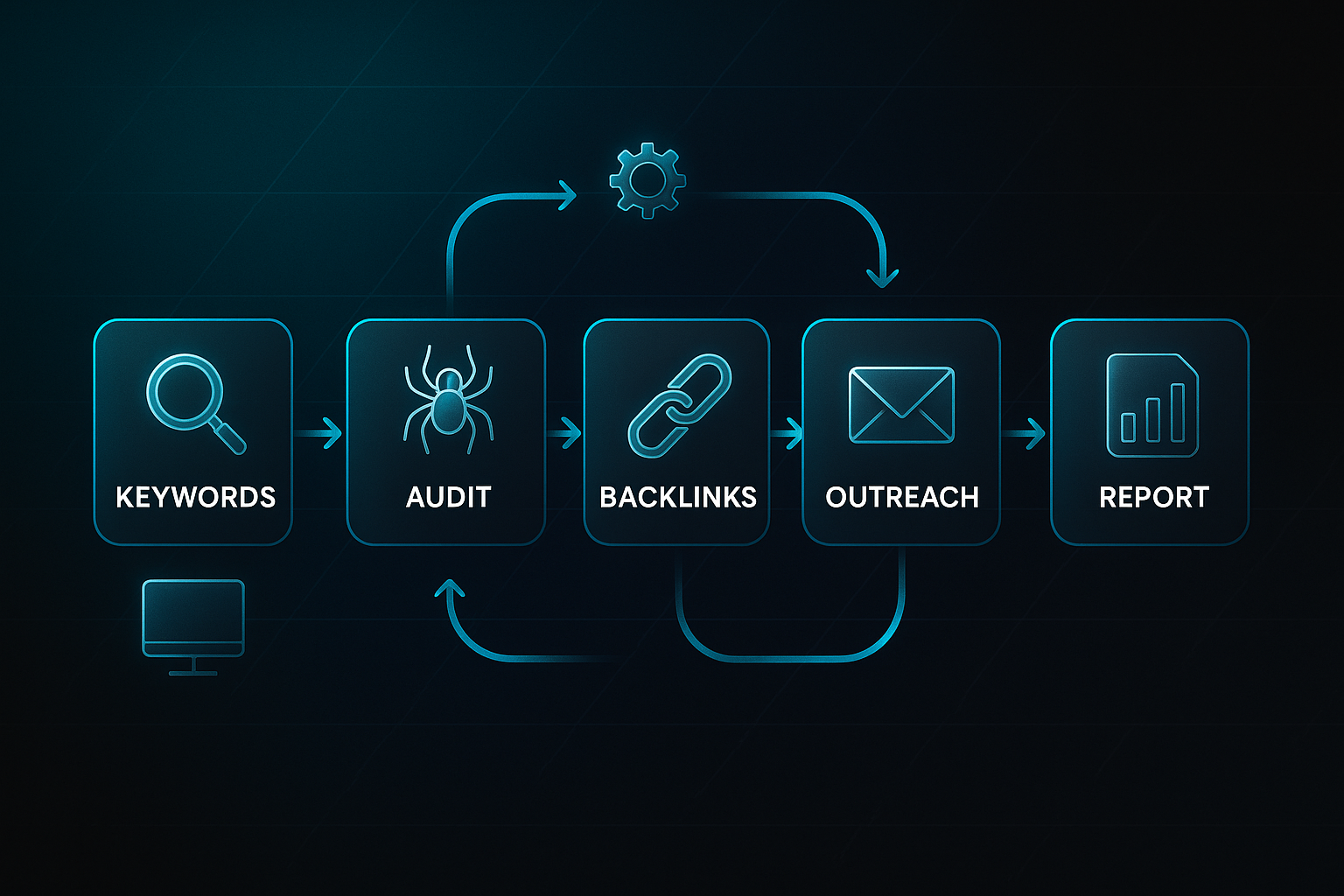 Infographic showing a five-step workflow with icons for Keywords, Audit, Backlinks, Outreach, and Report on a dark tech background