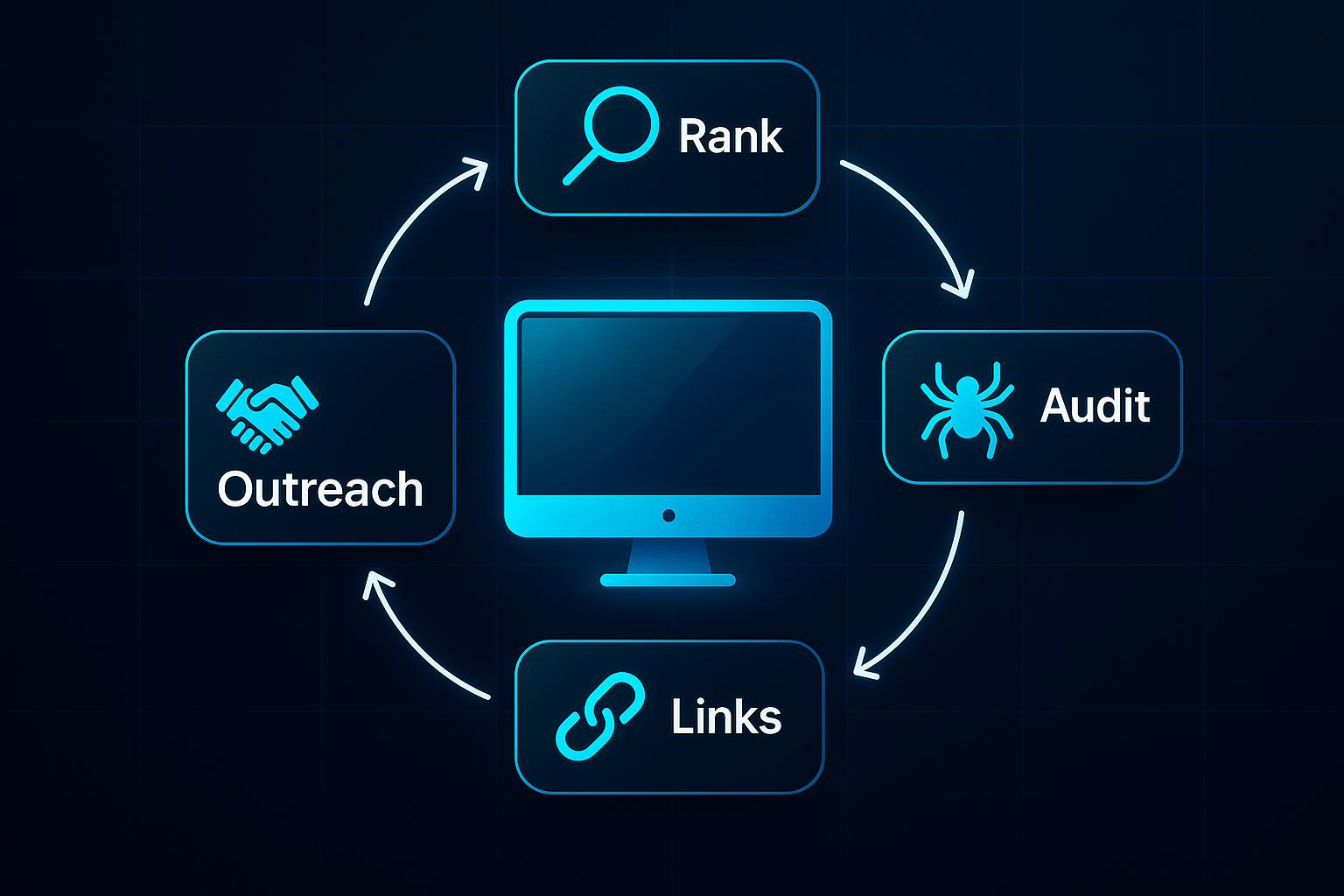 Infographic showing a central desktop computer icon connected by arrows to four labeled rectangles: Rank, Audit, Links, Outreach.
