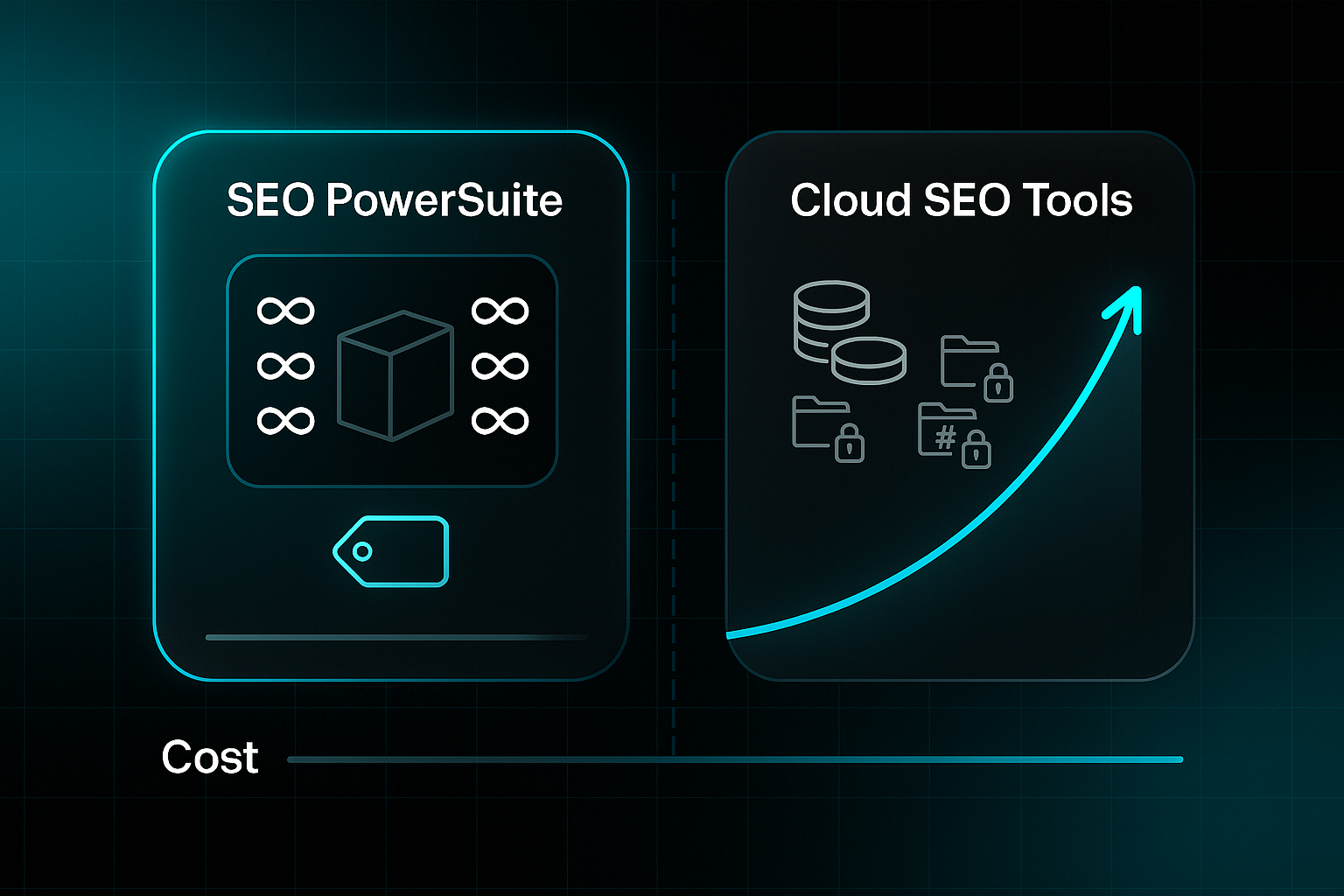 Infographic comparing SEO PowerSuite and Cloud SEO Tools cost, with icons, graphs, and labeled containers on a dark tech background.