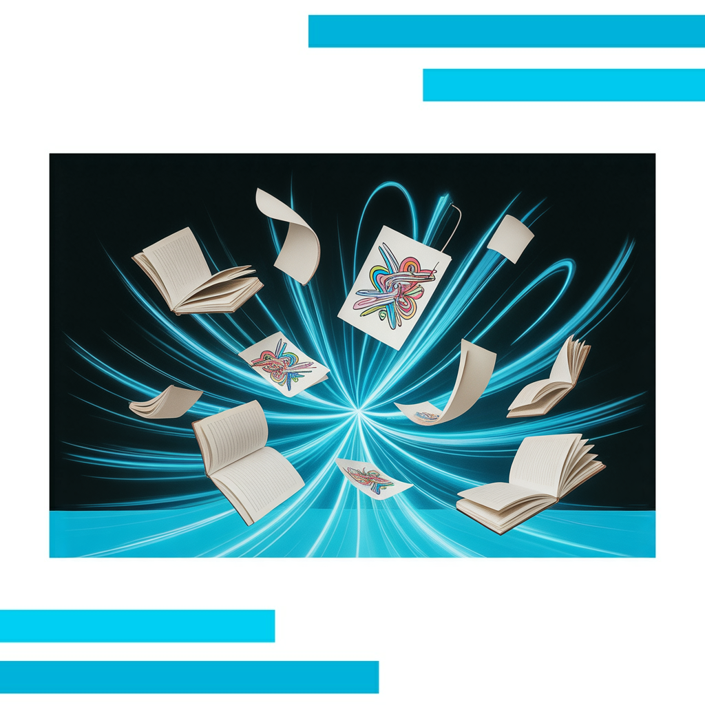Swirling aqua blue light radiates outward as floating paper sheets and open notebooks spin with colorful abstract doodles.