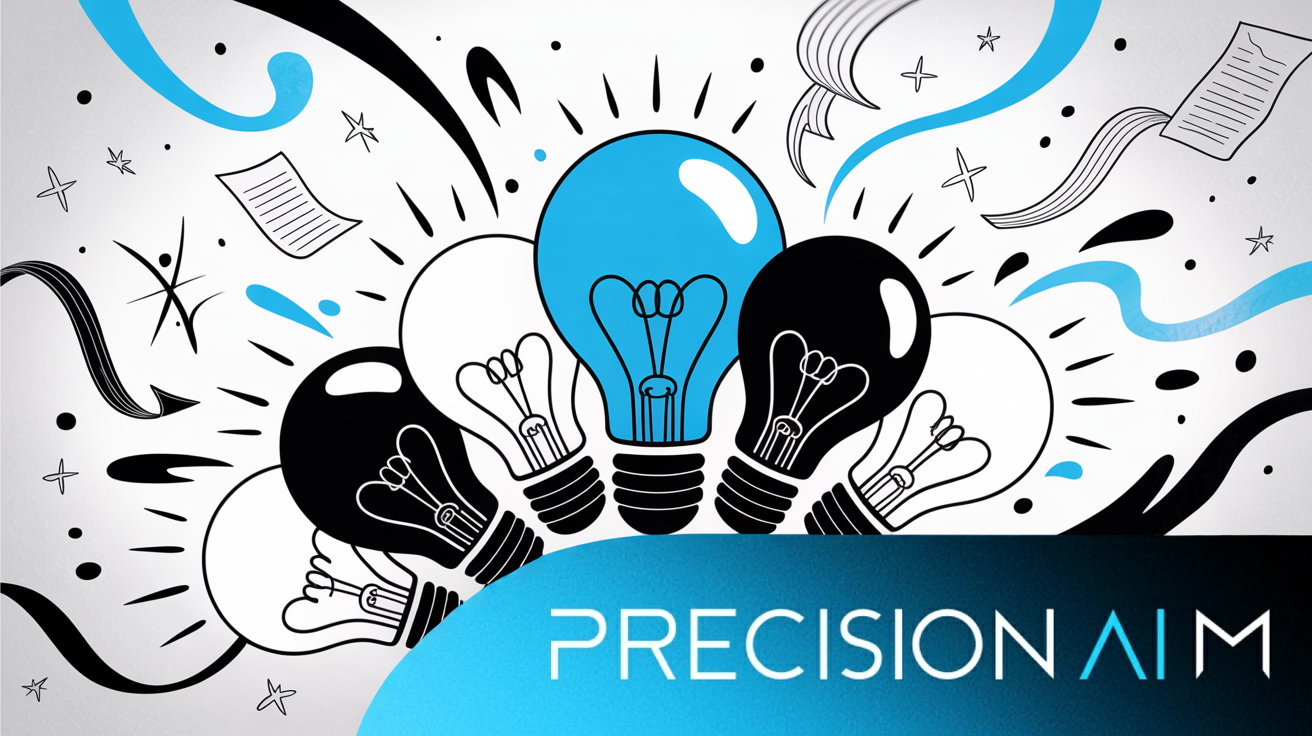 Cluster of glowing blue, black, and white lightbulbs with swirling shapes, floating papers, and ribbons on a white background