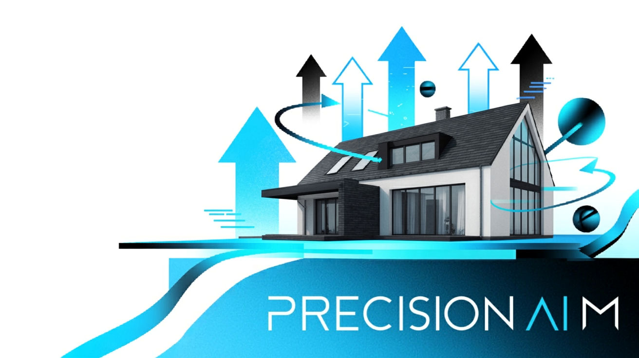 Modern white and charcoal house with angular rooflines on a floating blue platform, surrounded by glowing arrows and geometric shapes.