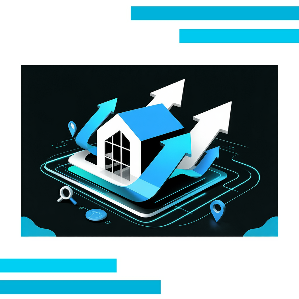 Modern vector illustration of a sleek house on a digital platform with glowing lines, arrows, and geometric icons, set against a white background.