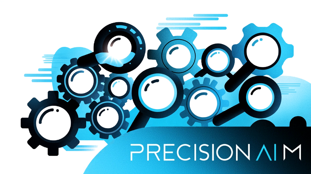 Ten interconnected magnifying glasses and gears with glowing blue lines on a white background, rendered in flat vector style.