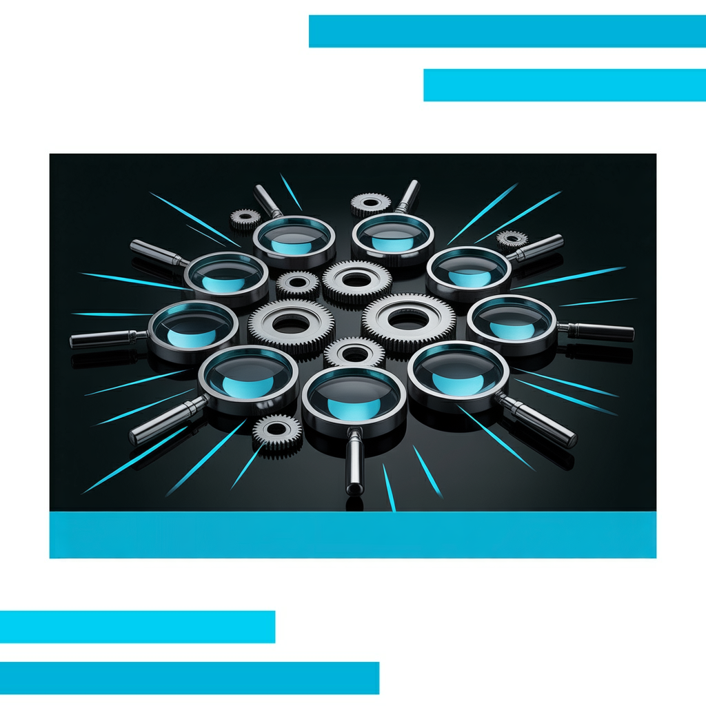 Ten overlapping magnifying glasses and metallic gears form a glowing circular pattern on a white background.