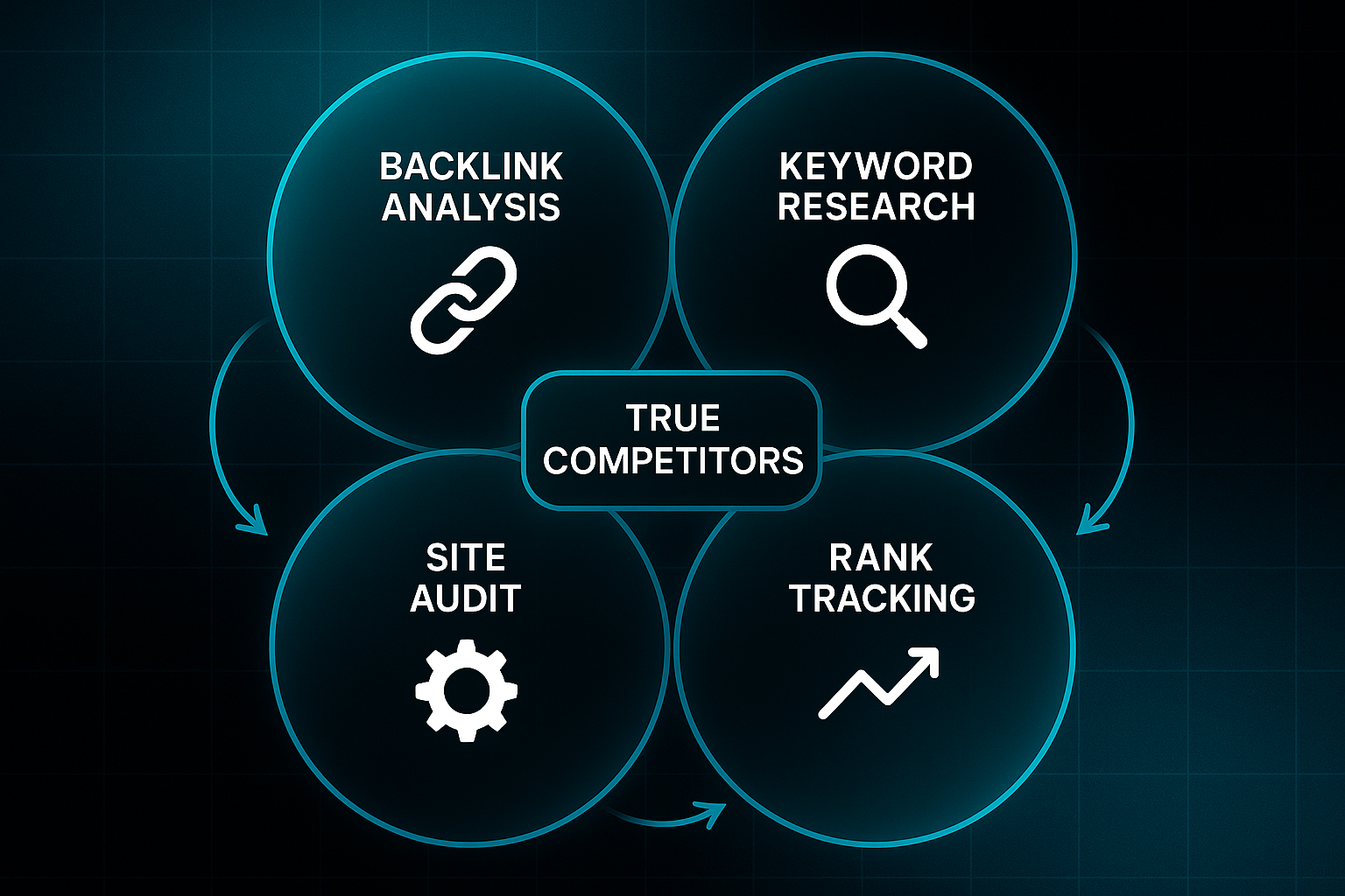 Infographic showing a Venn diagram of four SEO functions with icons and arrows pointing to a central "True Competitors" label.