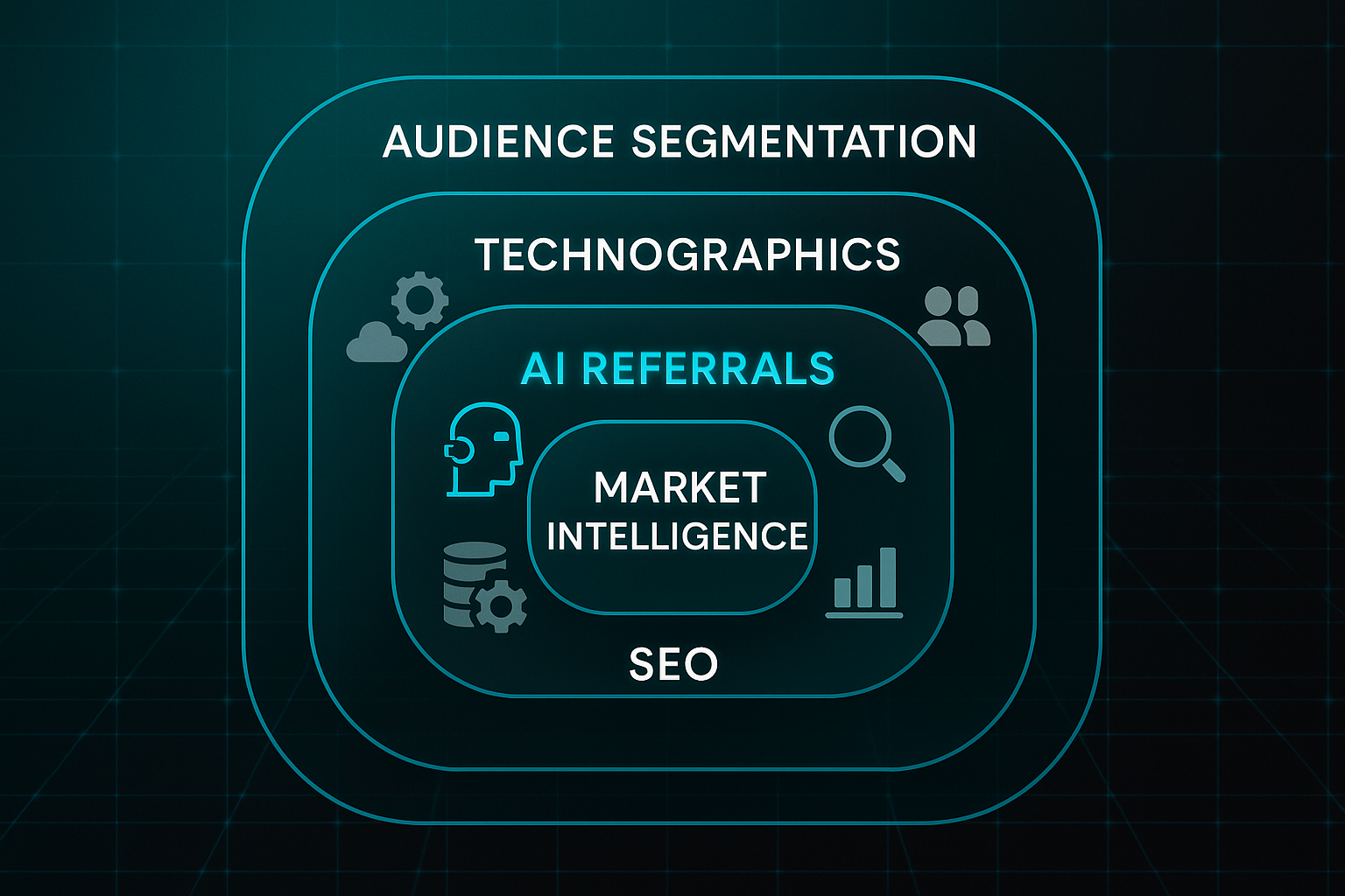 Infographic with five concentric glassmorphic layers labeled SEO, Market Intelligence, AI Referrals, Technographics, and Audience Segmentation.