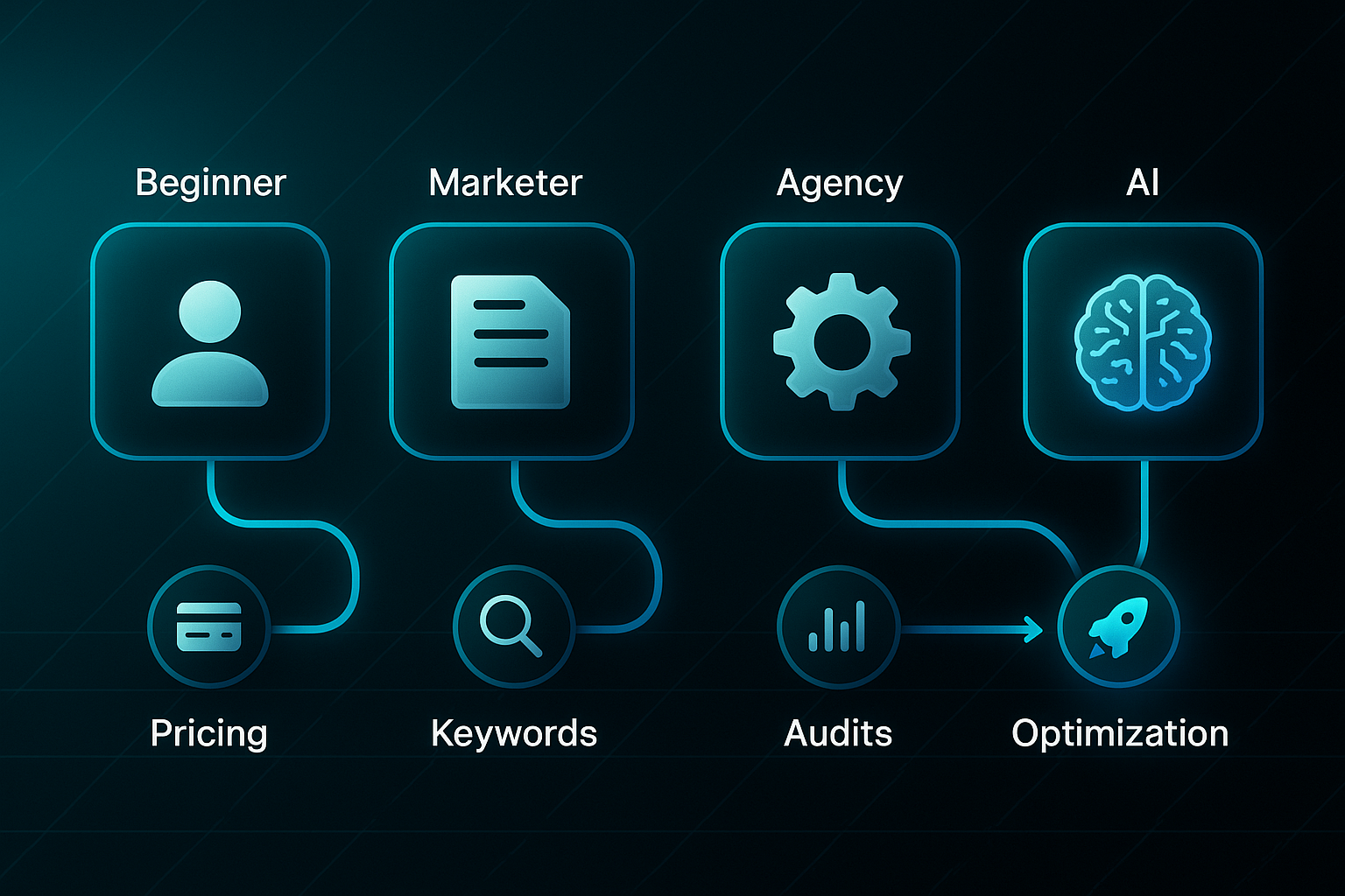 Futuristic horizontal infographic showing four user types—Beginner, Marketer, Agency, AI—each linked to features: Pricing, Keywords, Audits, Optimization.
