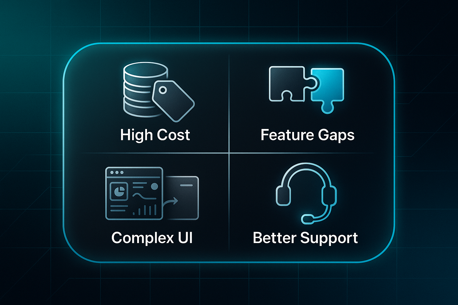 Infographic with four quadrants: coins labeled High Cost, puzzle pieces labeled Feature Gaps, dashboard labeled Complex UI, headset labeled Better Support.