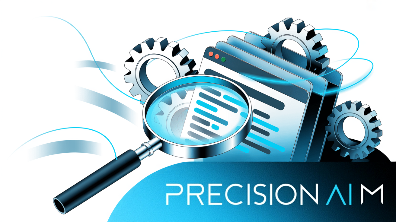 Magnifying glass examining stacked web browser windows with glowing highlights, surrounded by rotating metallic gears.