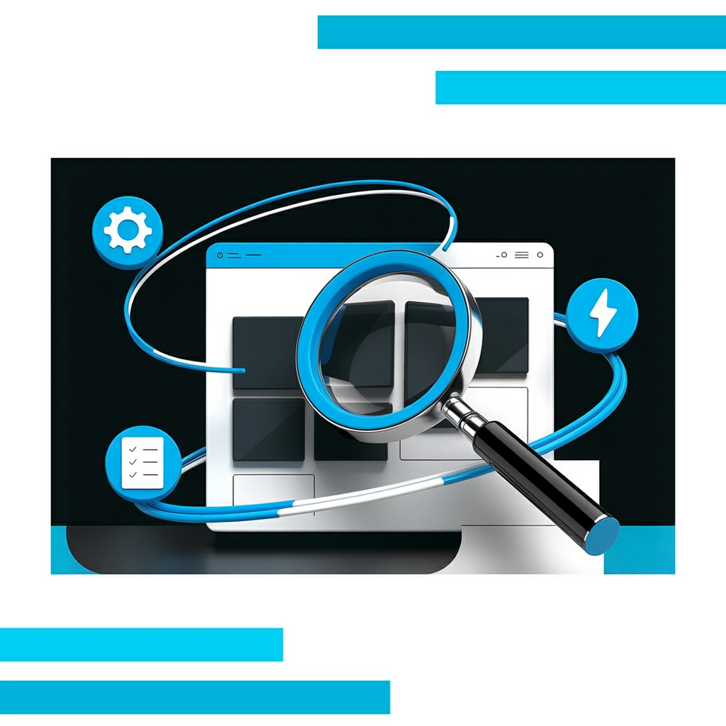 Magnifying glass with blue rim examining a stylized website window, surrounded by glowing gear, lightning bolt, and checklist icons