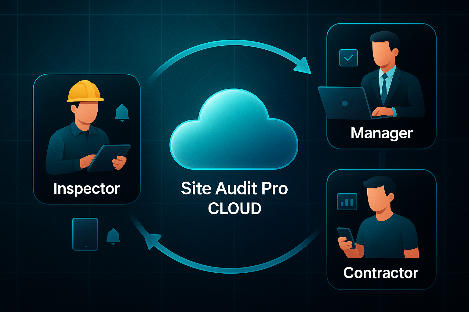 Futuristic infographic showing a central glassy cloud labeled "Site Audit Pro Cloud" connected to three user avatars with devices.