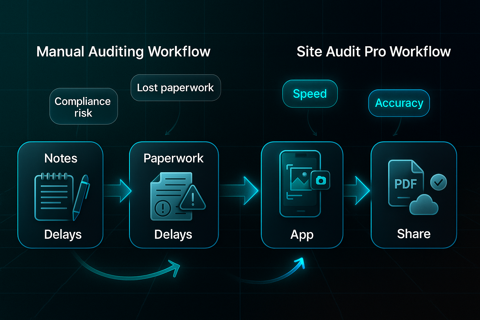 Infographic comparing manual auditing workflow with notes, paperwork, and delays to a digital app workflow with report and sharing steps