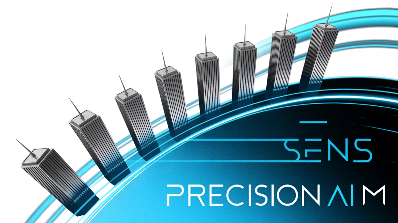 Ten metallic skyscrapers with glowing blue outlines curve upward, connected by flowing white lines and surrounded by dynamic motion effects.