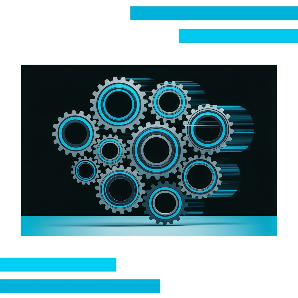 Ten metallic gears of different sizes outlined in cyan and charcoal, interconnected by glowing energy lines on a white background.