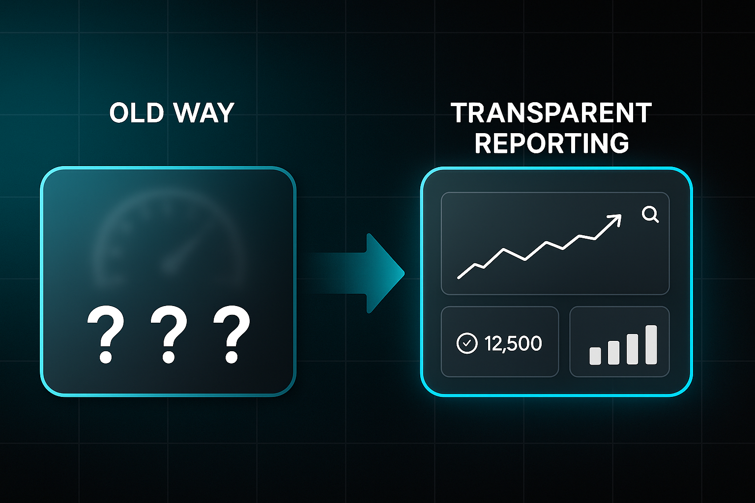 Infographic comparing a foggy "Old Way" dashboard with a clear "Transparent" dashboard, separated by a glowing arrow.