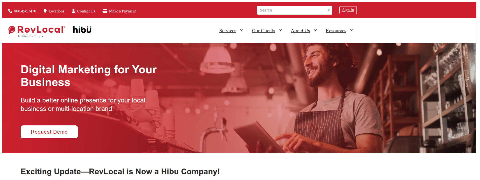 RevLocal homepage displaying hero section information