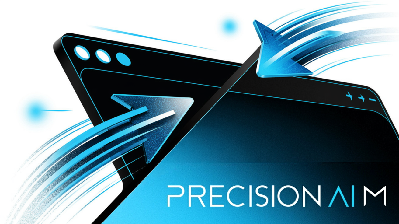 Two modern browser windows with glowing circular buttons exchange dynamic blue and white arrows, symbolizing fast digital connectivity.