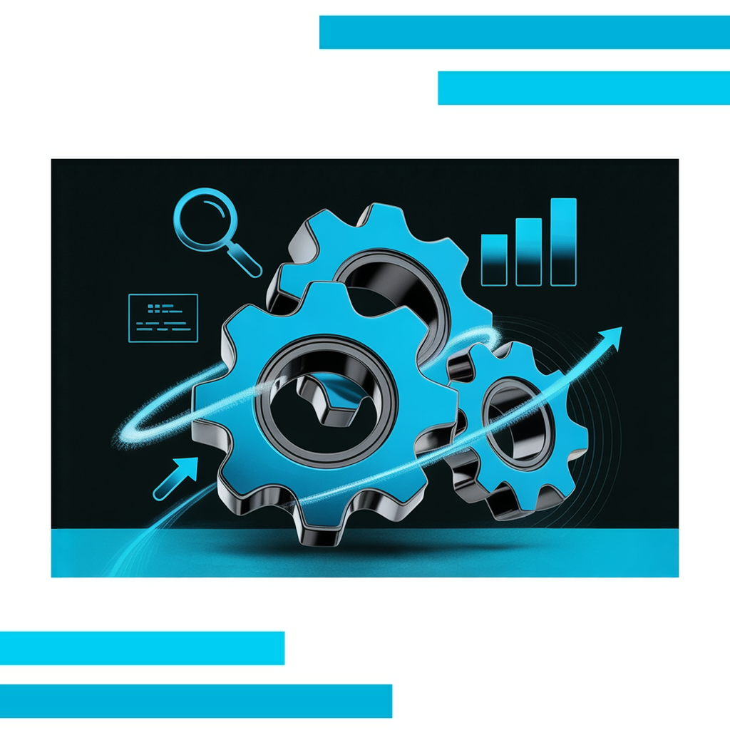Three interlocked blue and charcoal gears surrounded by glowing data streams and vector icons of a magnifying glass, arrow, and bar chart.